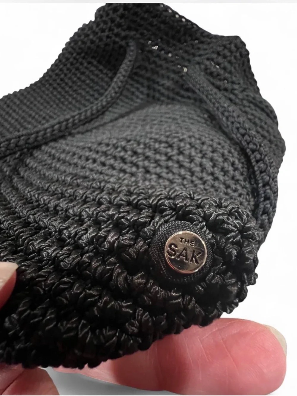Vintage Y2K The Sak Black Crochet Drawstring Backpack